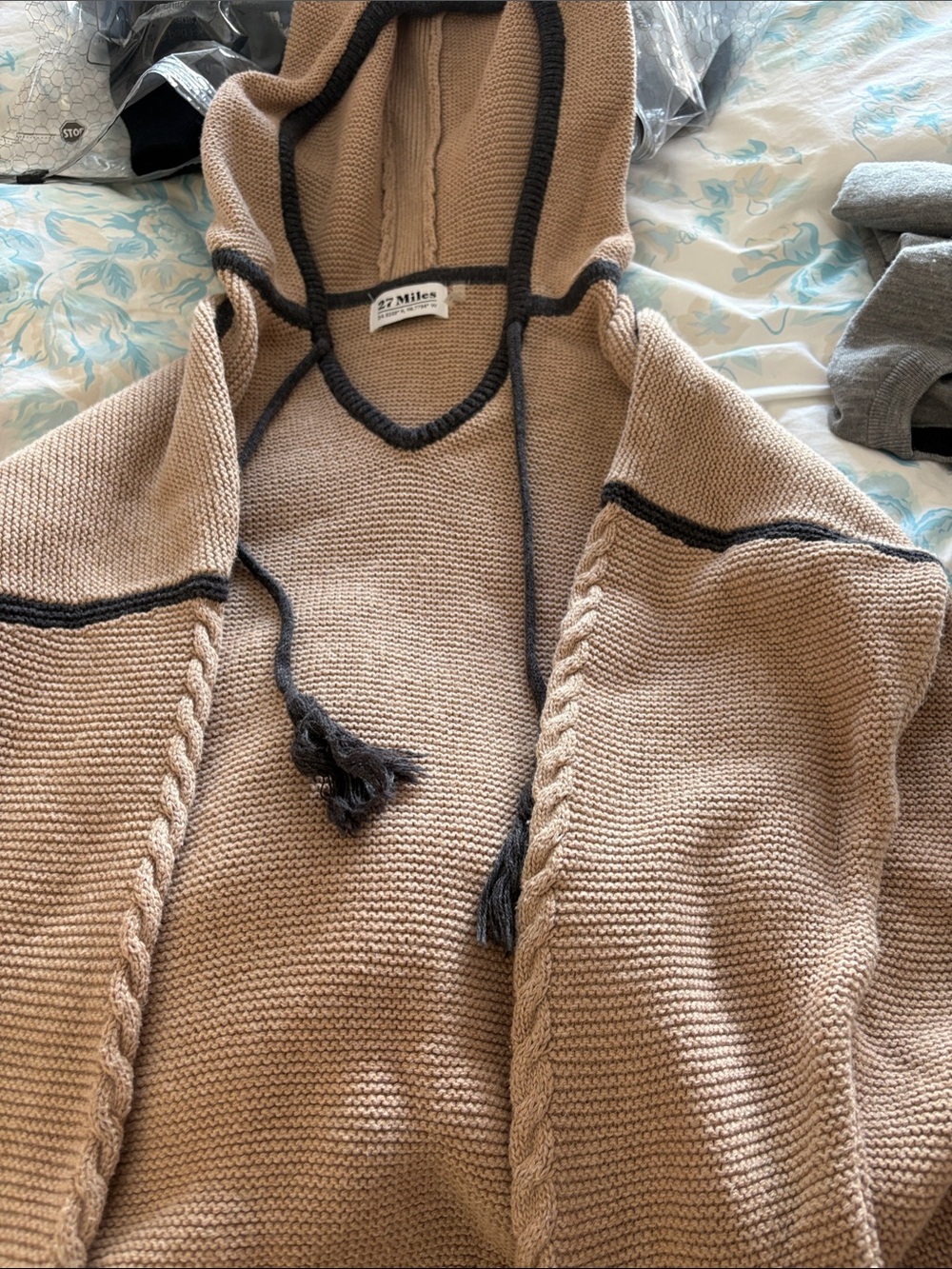 27 Miles Malibu Tan Cowl Hoodie Sweater with Black Trim